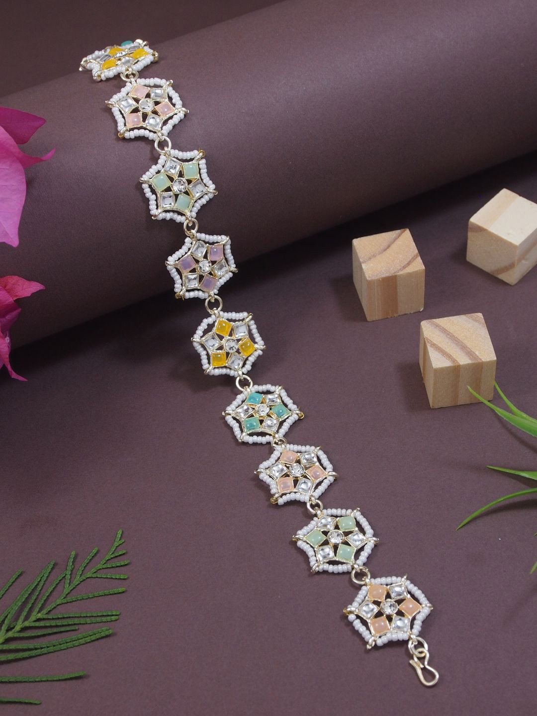 I Jewels Kundan Stone Studded & Pearls Beaded Floral Matha Patti Sheeshpatti