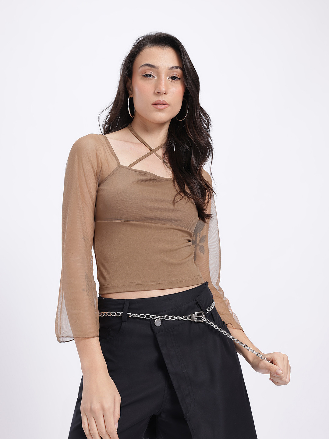 glitchez Criss-Cross Halter Neck Sheer Flared Sleeves Top