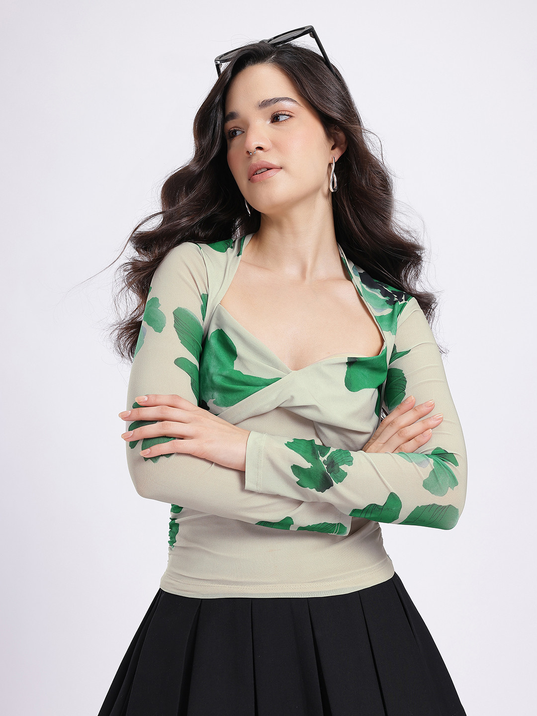 glitchez Printed Twisted Sweetheart Neck Ruched Top