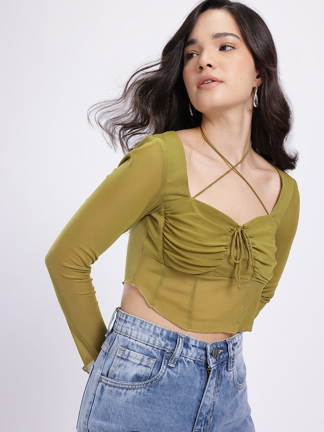 glitchez Criss-Cross Neckline Tie-Up Ruched Net Crop Corset Top