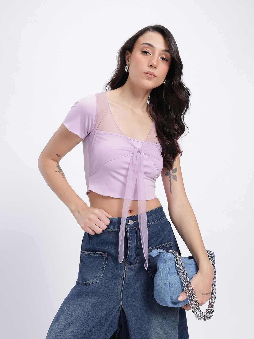 glitchez Tie-Up Detail Square Neck Crop Fitted Top with Net Trim