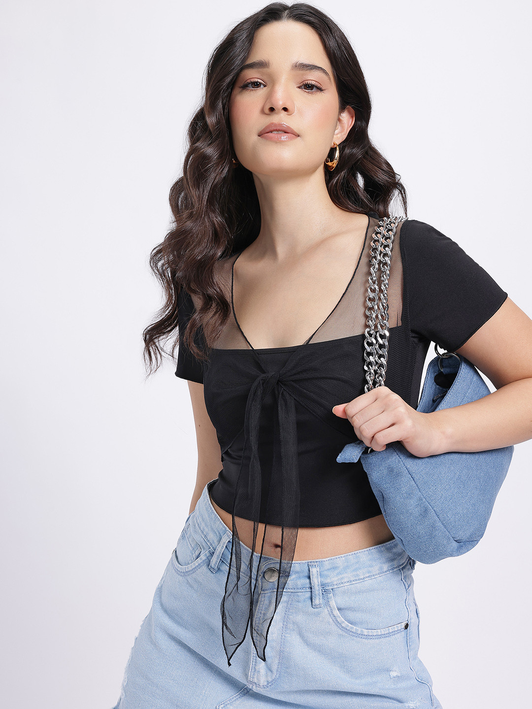 Tie-Up Detail V-Neck Crop Fitted Top with Net Trim