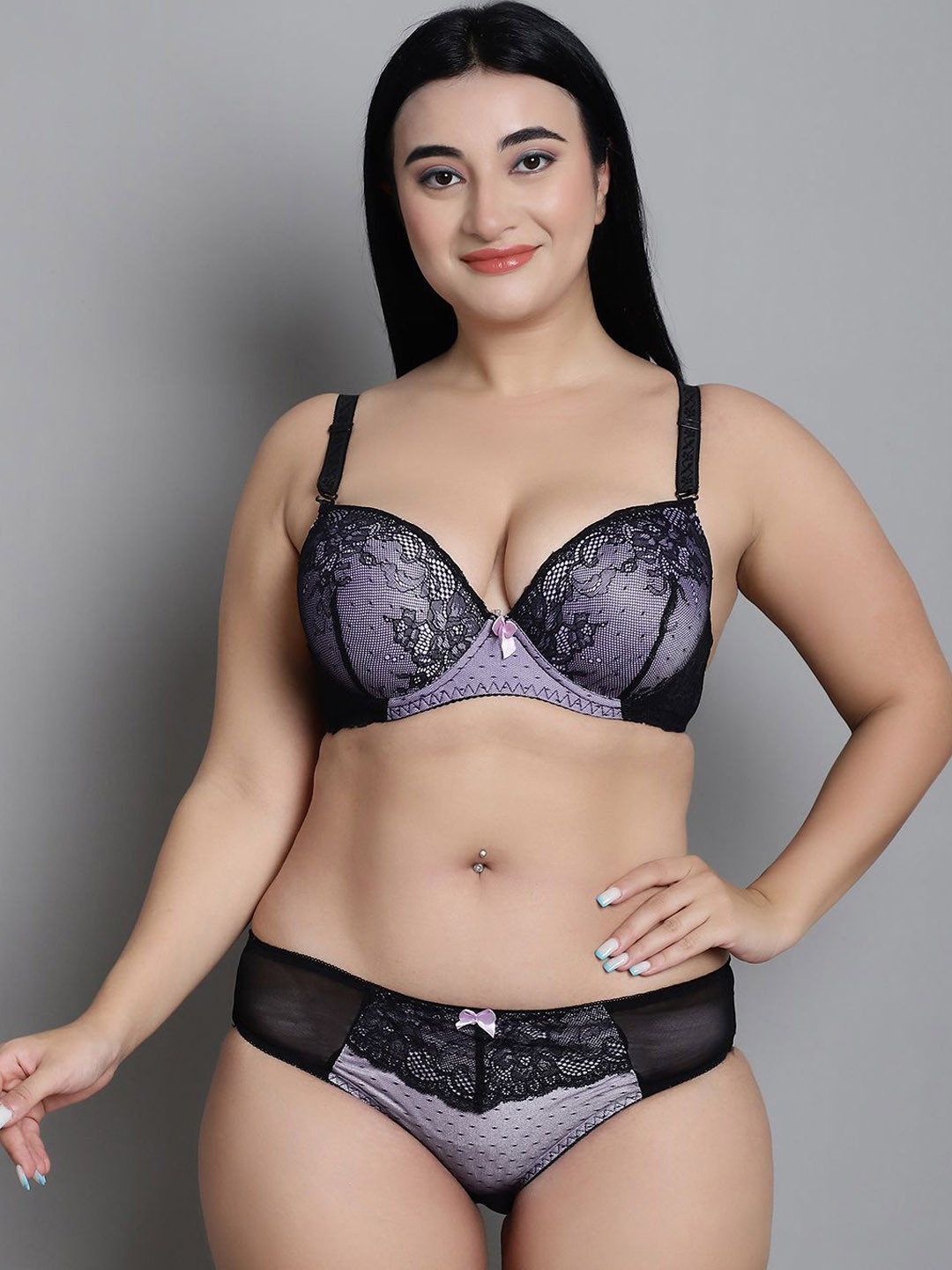 MAKCLAN Self Design Lightly Padded Plunging Lace Lingerie SetK5320LQM