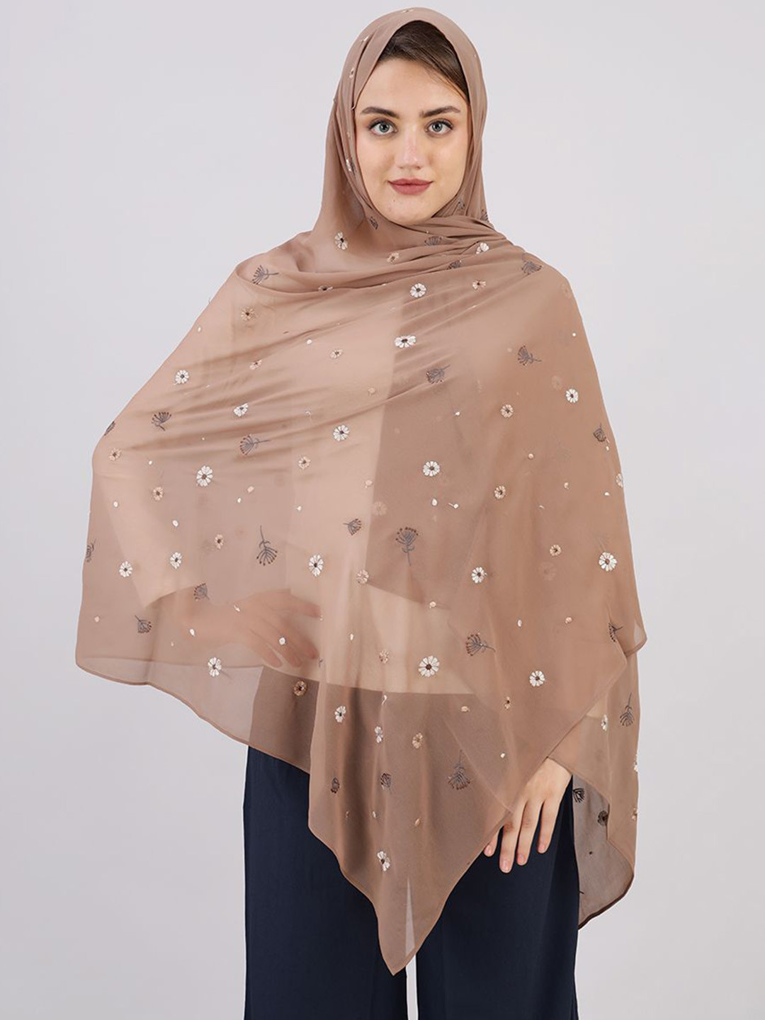 IDH London Women Earthy Elegance Embroidered Hijab Georgette Scarf
