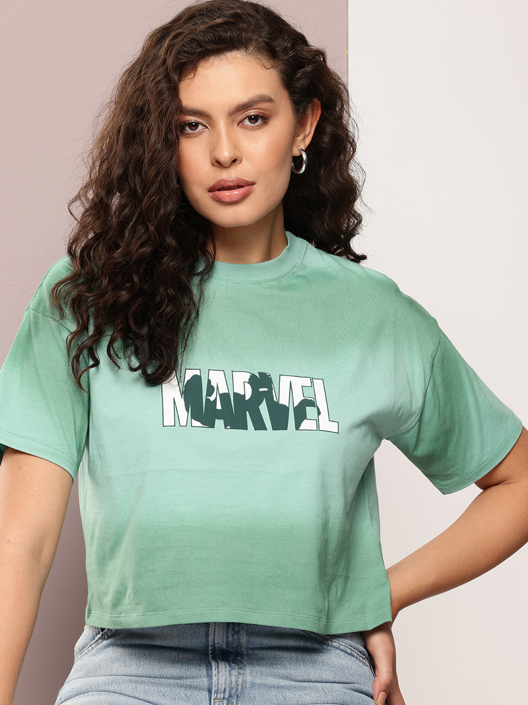 Kook N Keech Boxy Fit Marvel Hulk Printed Dyed Effect Crop Pure Cotton T-shirt