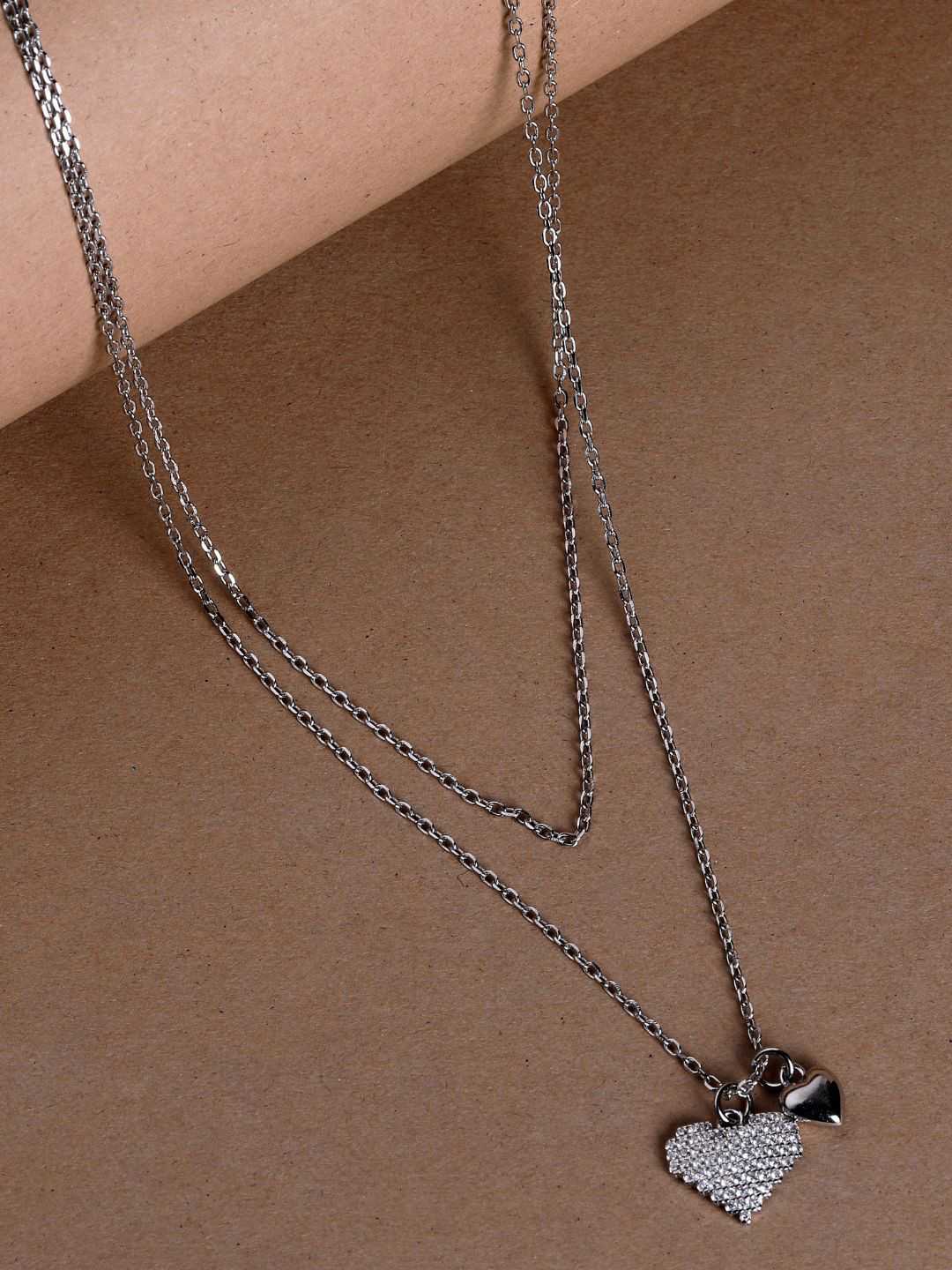 Luxevogue 925 Sterling Silver Rhodium Plated Heart Shape Layered Pendant Necklace