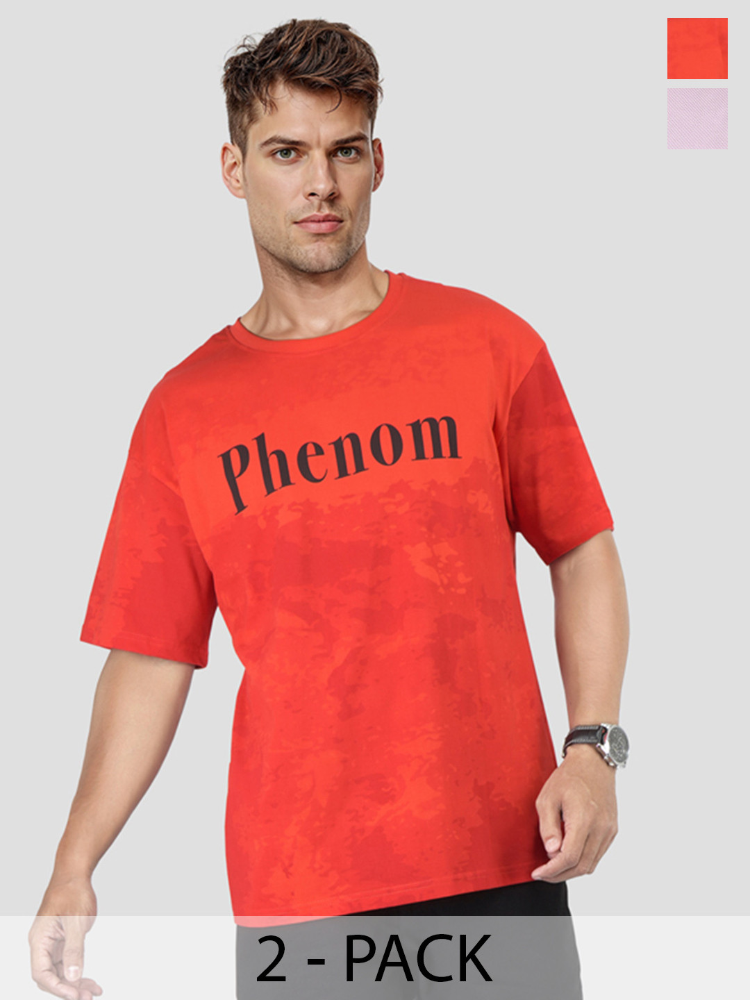 HERE&NOW Men Pack Of 2 rinted Drop-Shoulder Sleeves Pure Cotton T-shirt