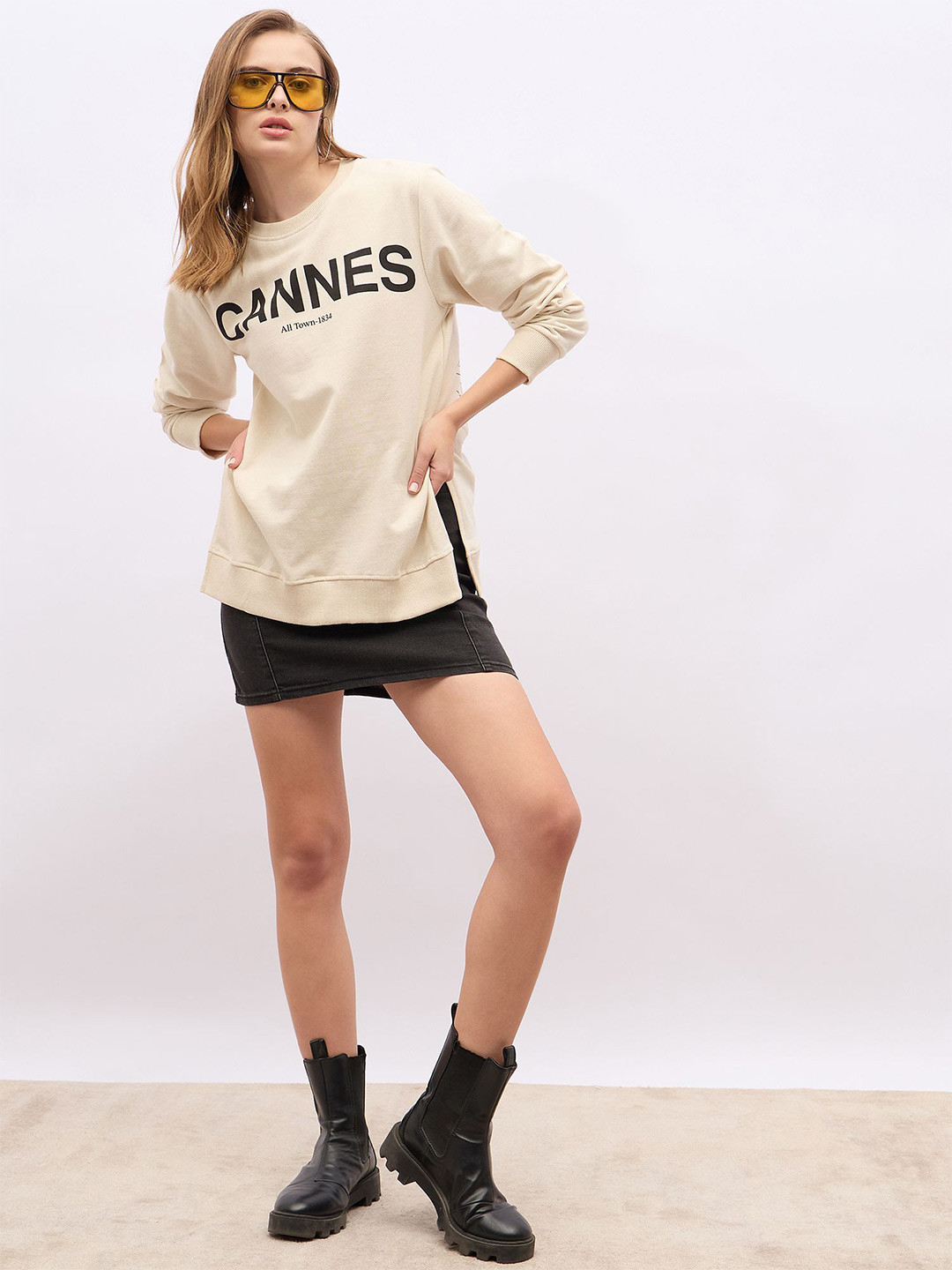 Styli Women Front and Back Graphic Print Regular Fit Casual Pullover Sweatshirt With Side Slit