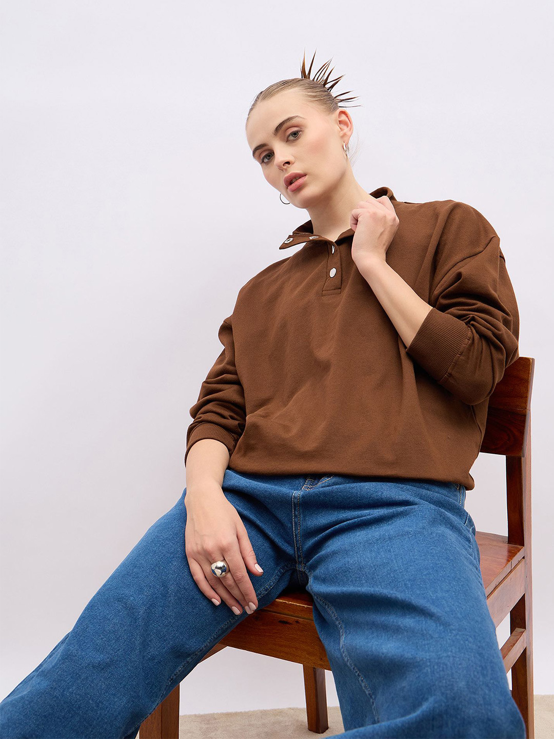 Styli Women Oversize Fit Regular Length Button Placket Sweatshirt