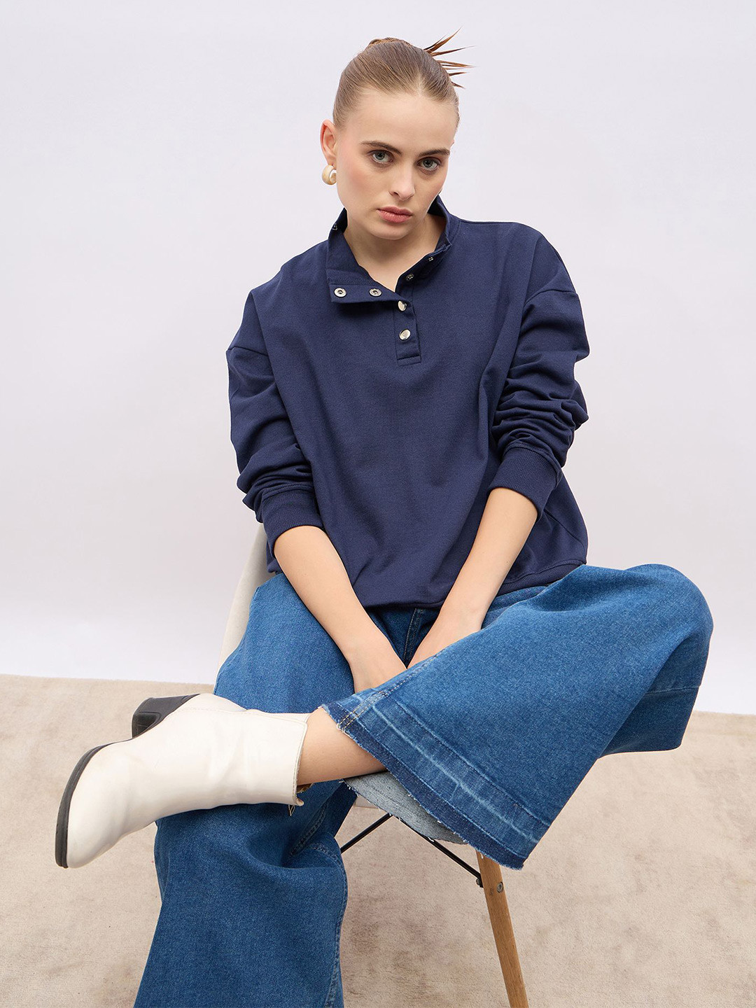 Styli Women Oversize Fit Regular Length Button Placket Sweatshirt