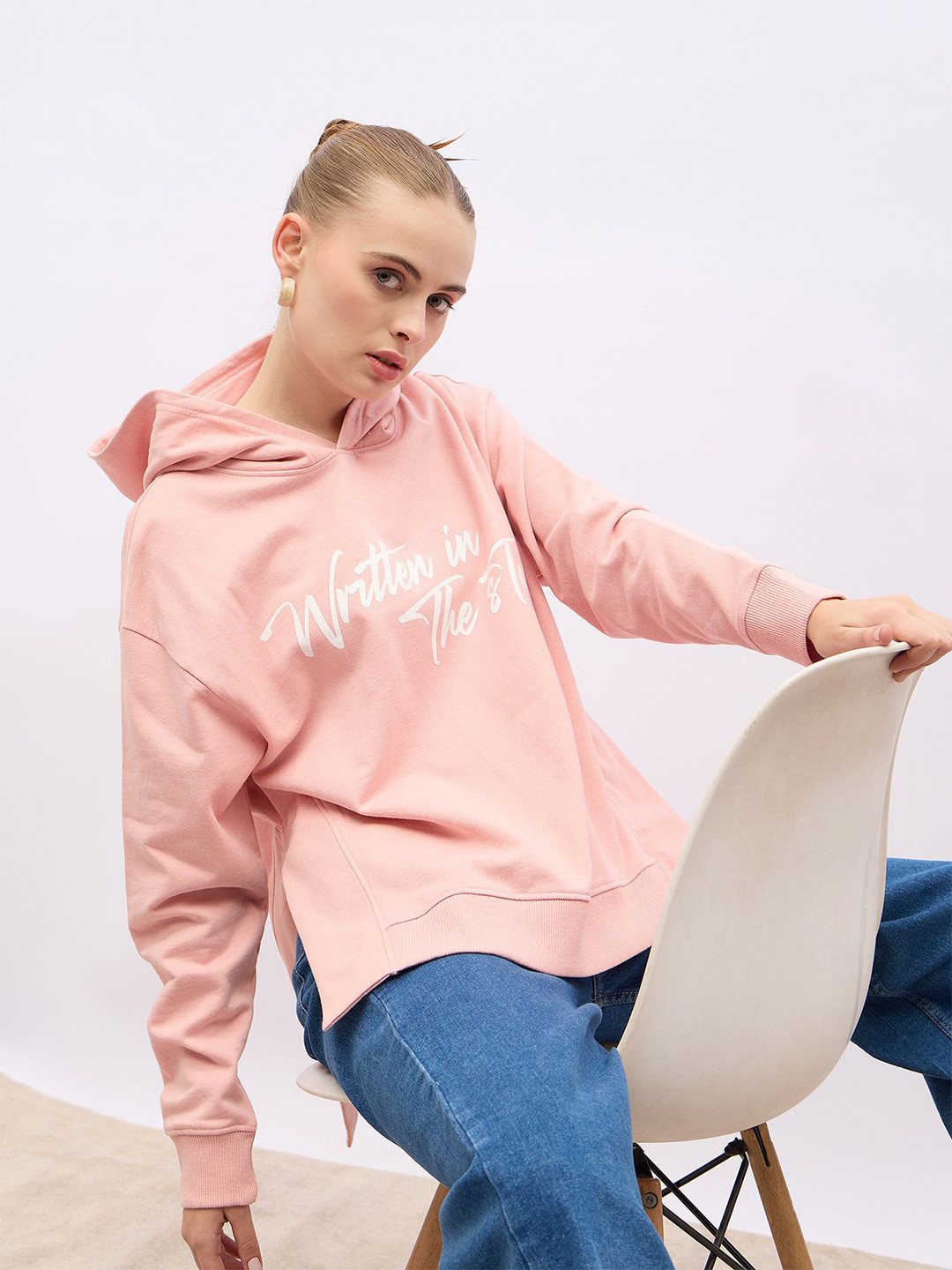 Styli Women Graphic Print Regular Fit  Long Length Casual Pullover Hoodie With Side Slit