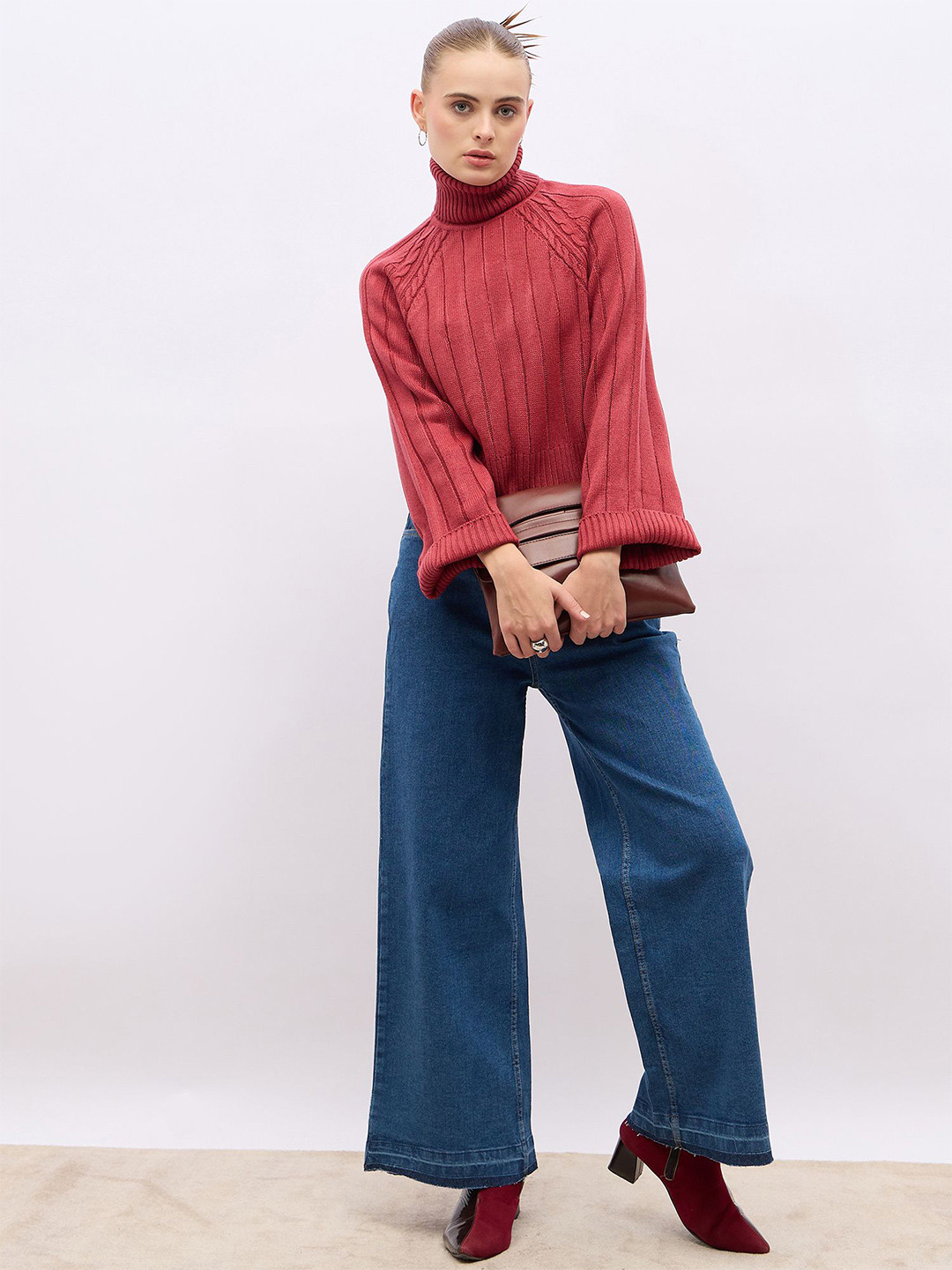 Styli Women Self Design Short Length Turtle Neck  Pullover Sweater