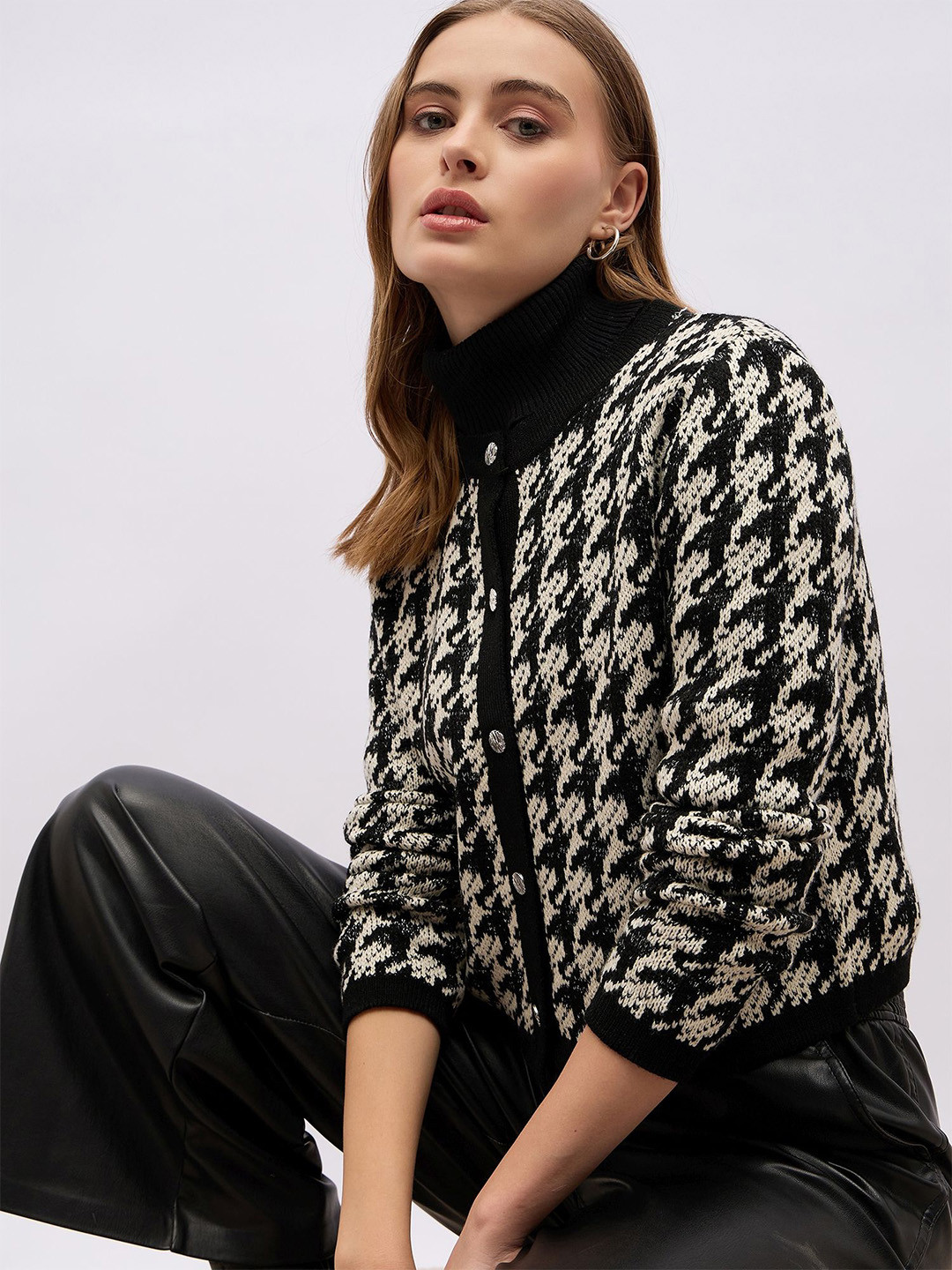 Styli Women Houndstooth Cardigan With Chunky Buttons