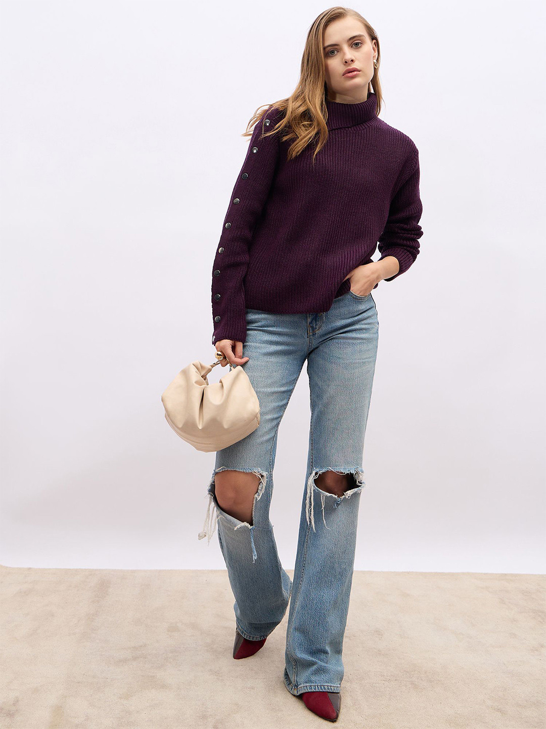 Styli Women High Neck Boxy Sweater With Collar Button