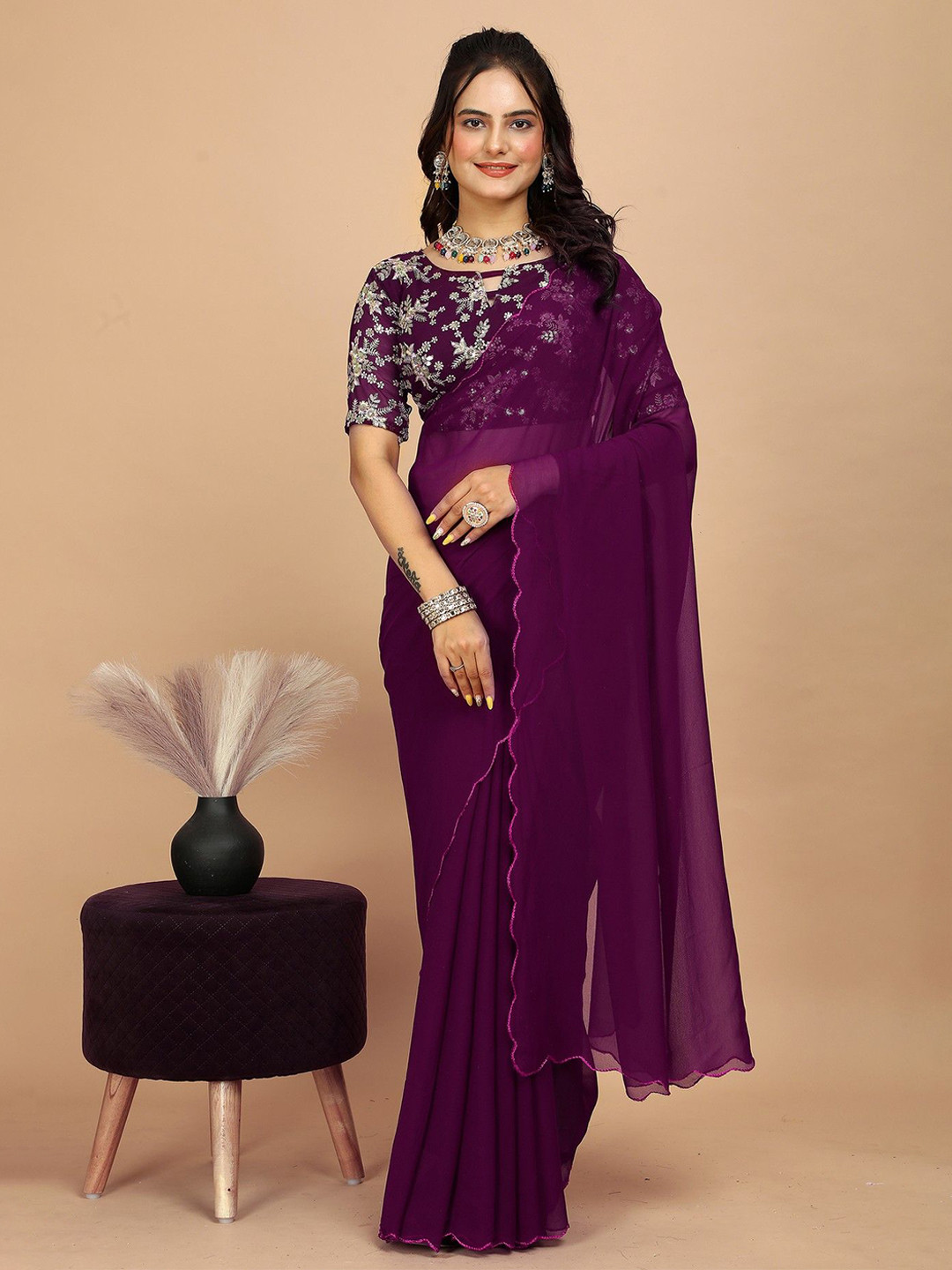 K 5 Fashion Embroidered Pure Georgette Saree