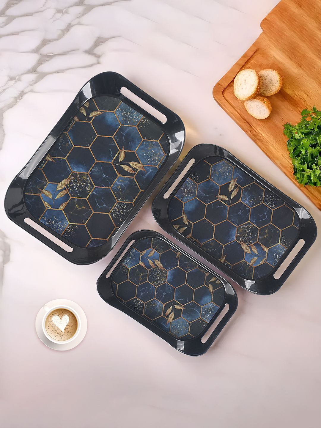 Kuber Industries Blue Printed Tea Tray 3 Pieces Durable Tray Serving Set with Handles