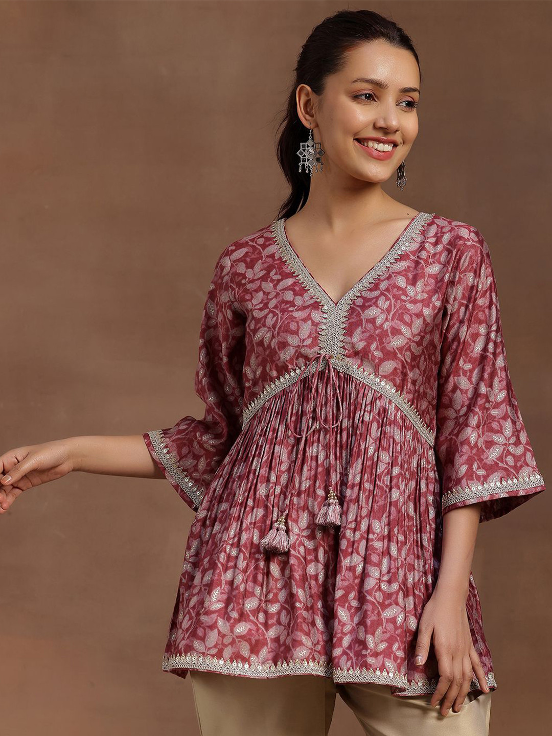 Libas Floral Printed V-Neck Flared Sleeves Pleated Kurti