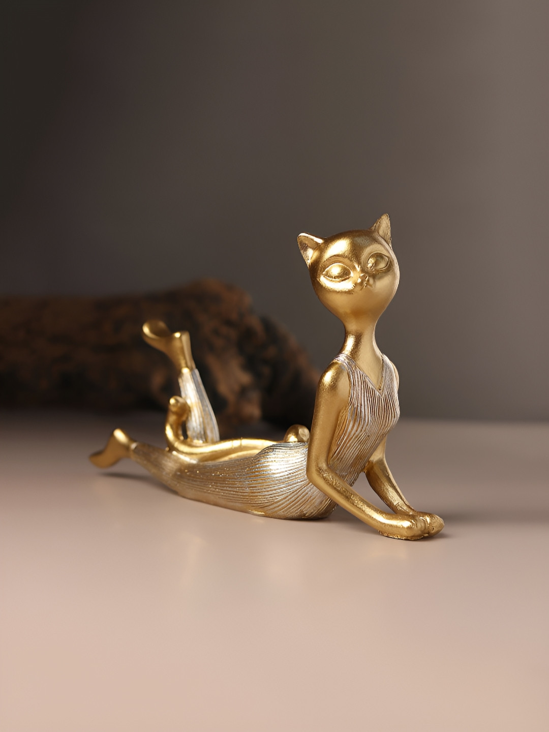 HABERE INDIA Cat Gold Polyresin Glossy Living Room Small Showpiece - 5.5 Inches