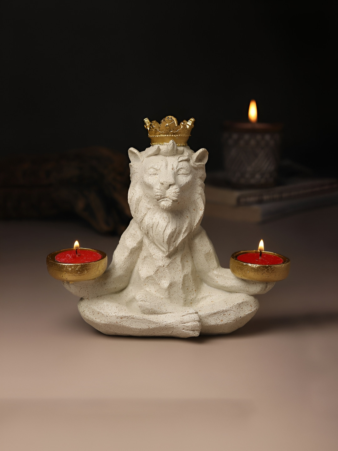HABERE INDIA Lion White Polyresin Glossy Living Room Small Showpiece - 6.7 Inches