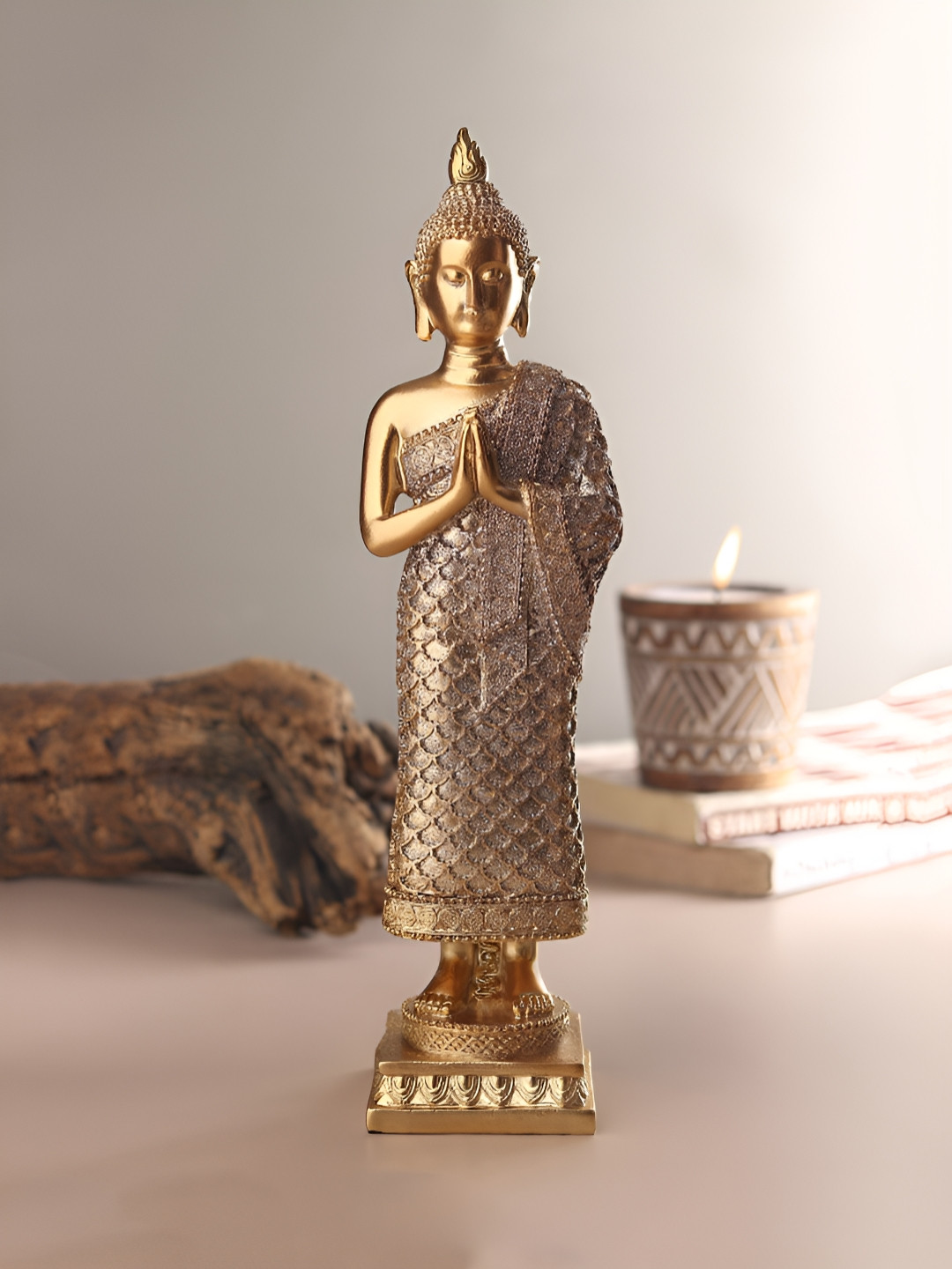 HABERE INDIA Buddha Gold Polyresin Natural Home Office Medium Showpiece - 11.4 Inches