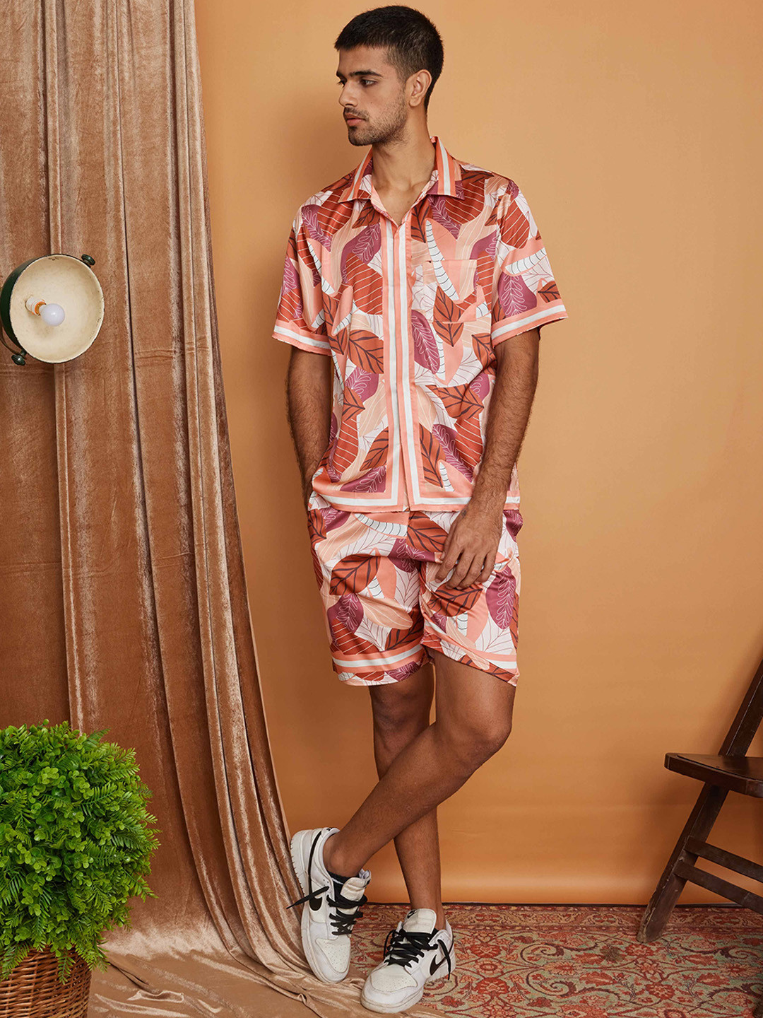 CLUBHAVANA Earthy Drift Leaf Printed Short Sleeves Premium Soft Satin Co-Ord Set