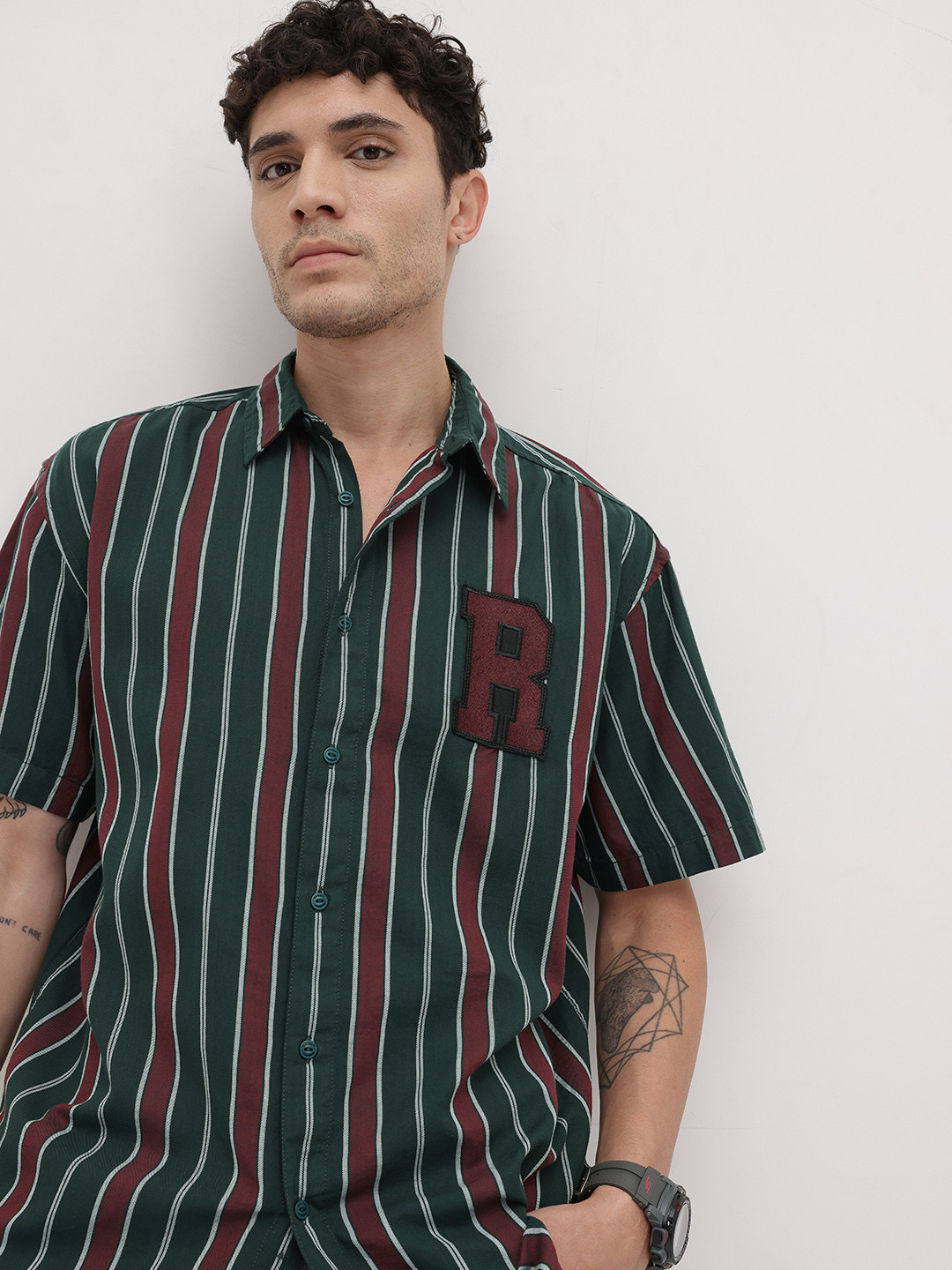 The Roadster Life Co. Vertical Stripes Applique Detail Pure Cotton Relaxed Fit Shirt