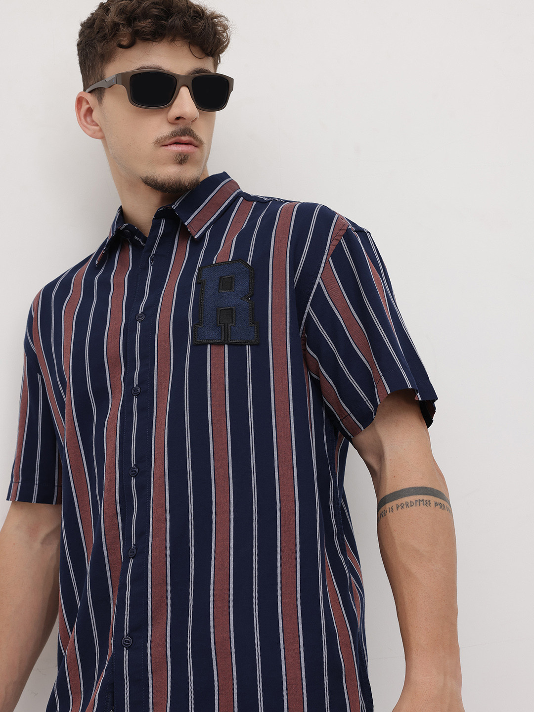 The Roadster Life Co. Vertical Stripes Applique Detail Pure Cotton Relaxed Fit Shirt