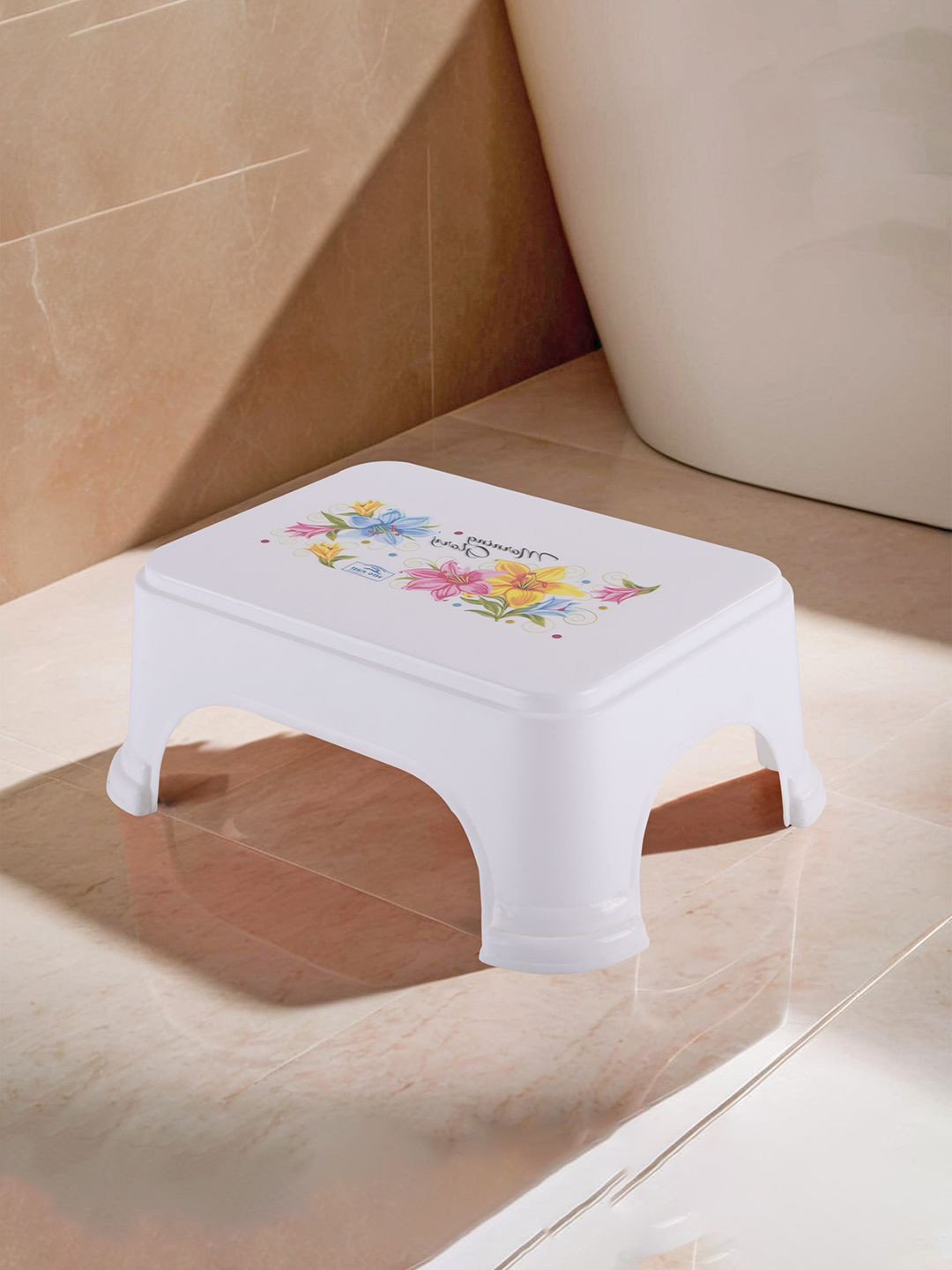 Kuber Industries White & Yellow Printed Strong Durable Bathroom Stools