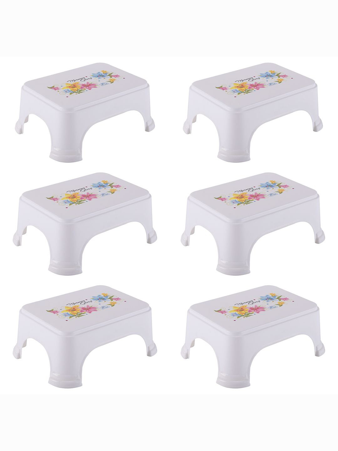Kuber Industries 6-Pcs White & Yellow Printed Strong Durable Bathroom Stools