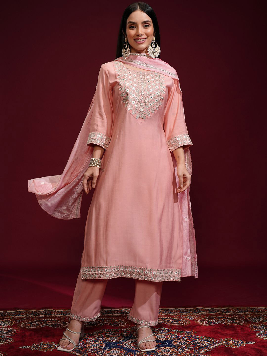 Vishudh Women Embroidered Kurta with Pant & Chinon Chiffon Dupatta