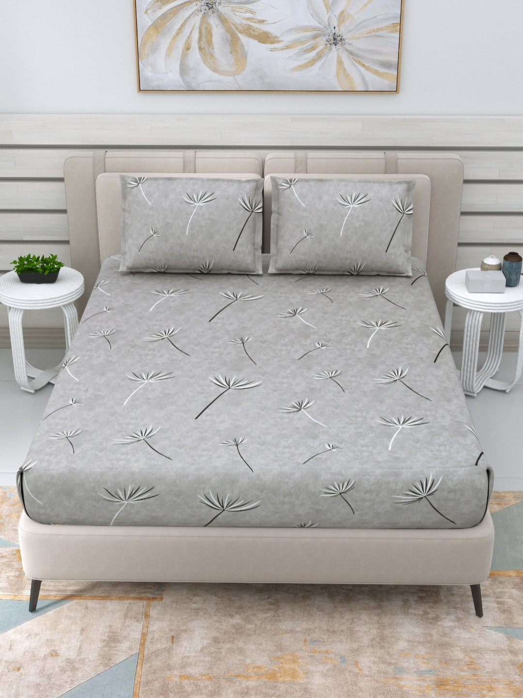 THE LINEN COMPANY Grey Floral Cotton 300 TC Double Fine Bedsheet with a Pillow Cover-60 x 90 inches