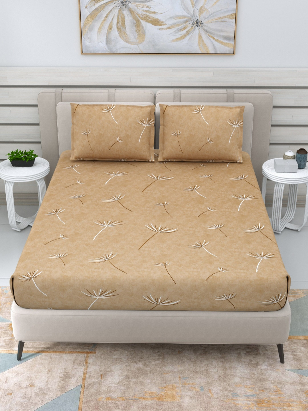 THE LINEN COMPANY Beige Floral Cotton 300 TC Double Fine Bedsheet with a Pillow Cover-60 x 90 inches