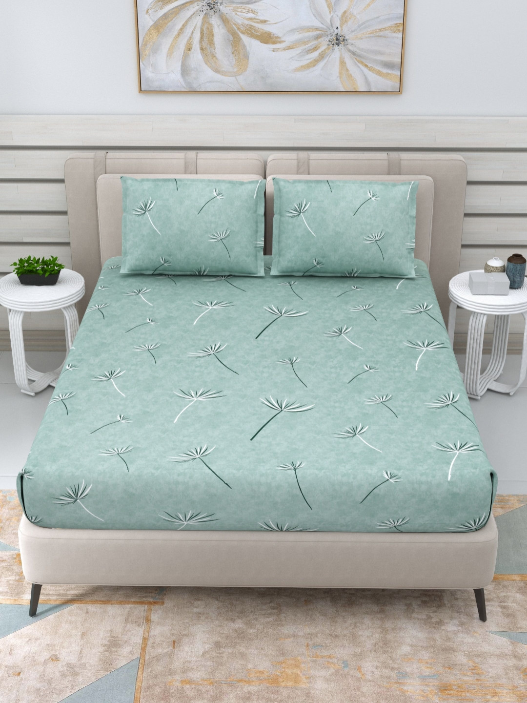 THE LINEN COMPANY Green Floral Cotton 300 TC King Fine Bedsheet with 2 Pillow Covers-108 x 108 inches