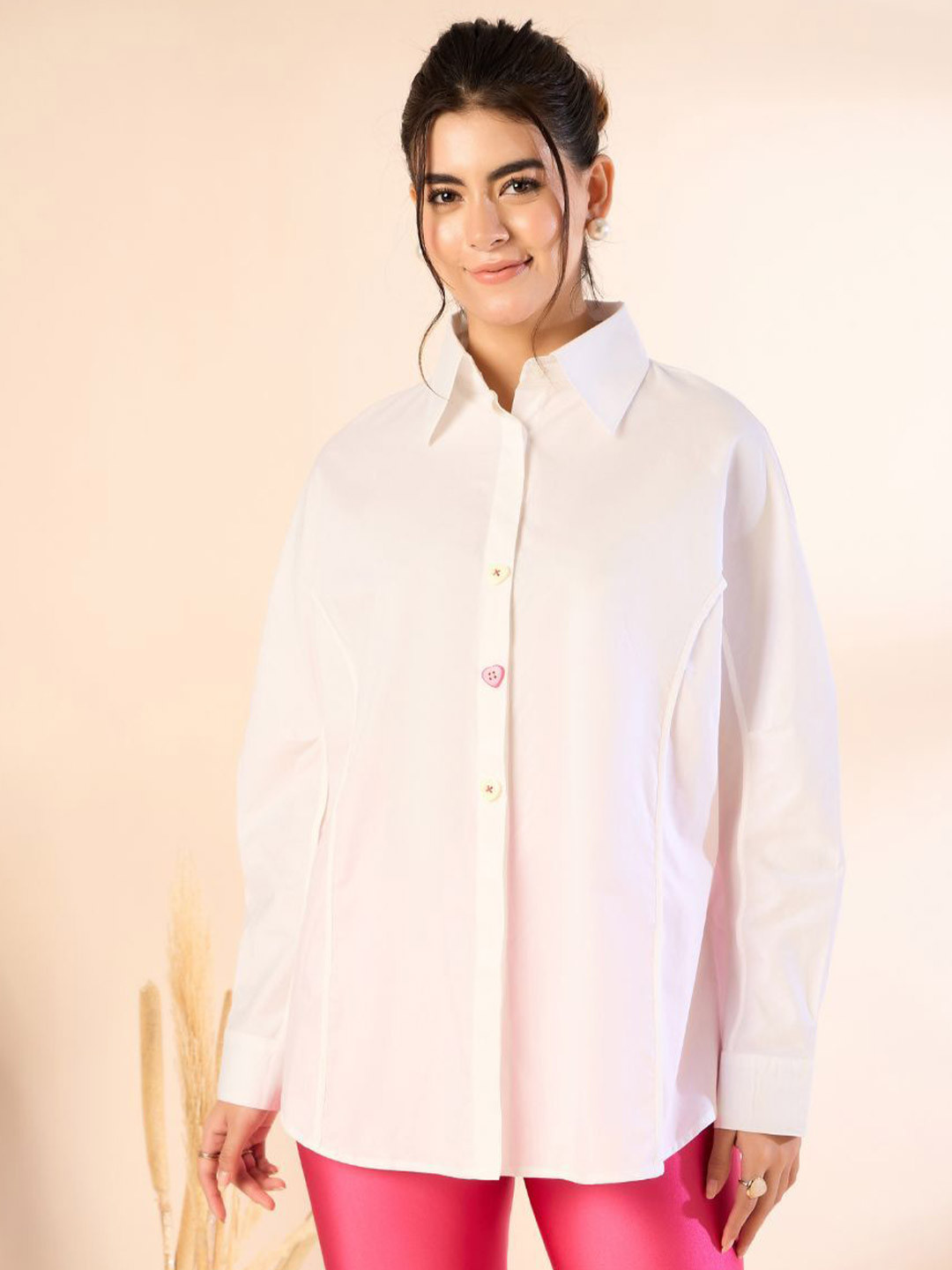 Kiarabel Retail Women Relaxed Oversized Fit Spread Collar Solid Cotton Casual Shirt