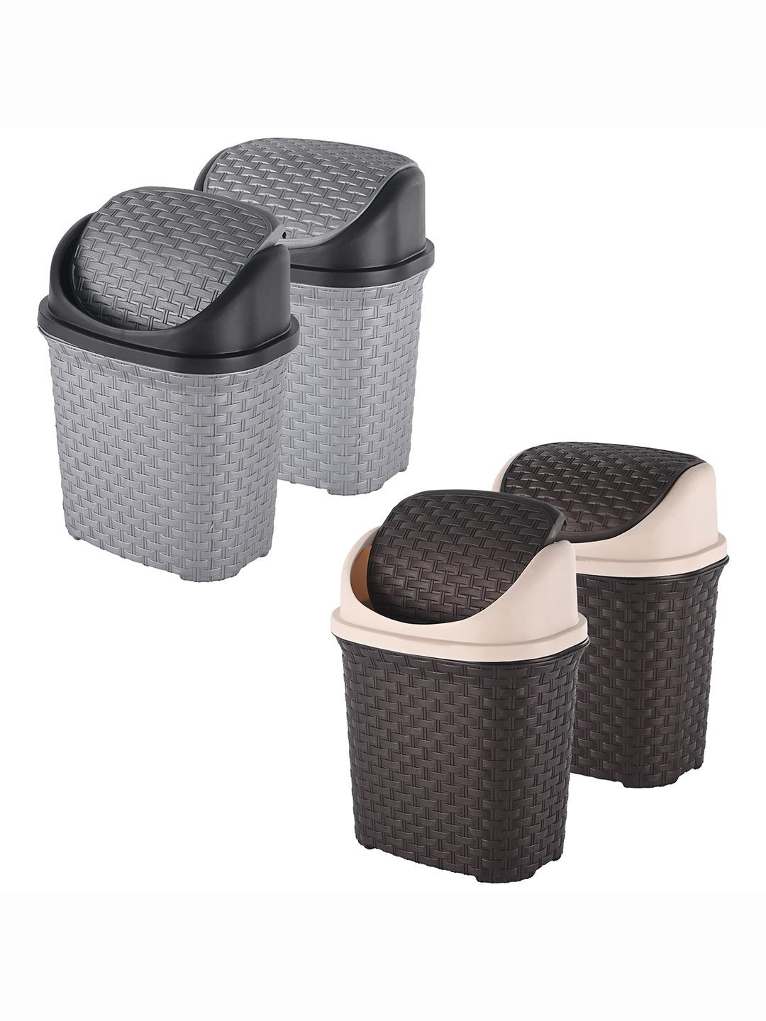 Kuber Industries 4-Pcs Grey & Brown Textured Check Dhakkan Pedal Dustbin - 7 Ltrs