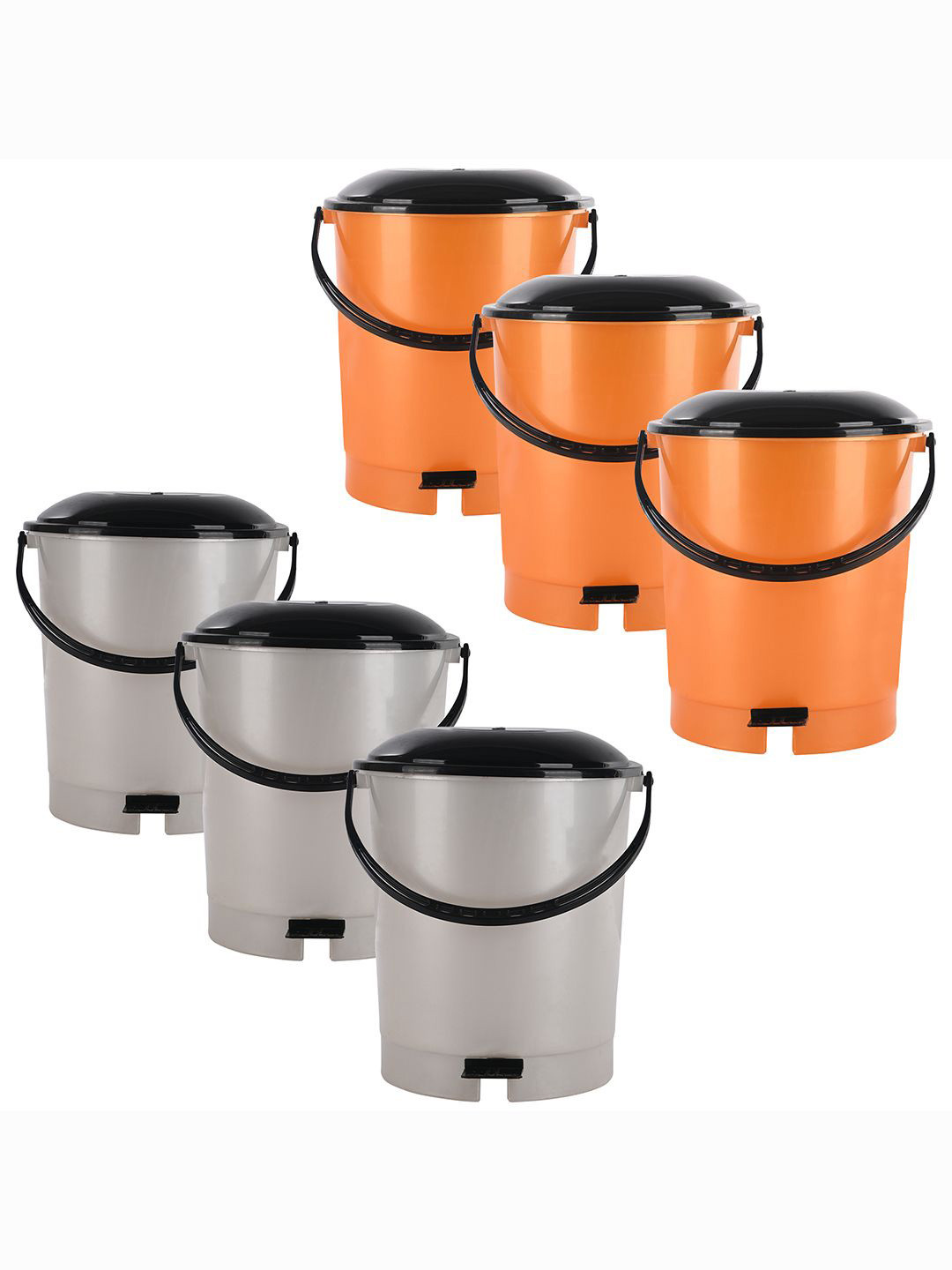 Kuber Industries 6-Pcs White & Orange Colored Check Dhakkan Pedal Dustbins - 10 Ltrs