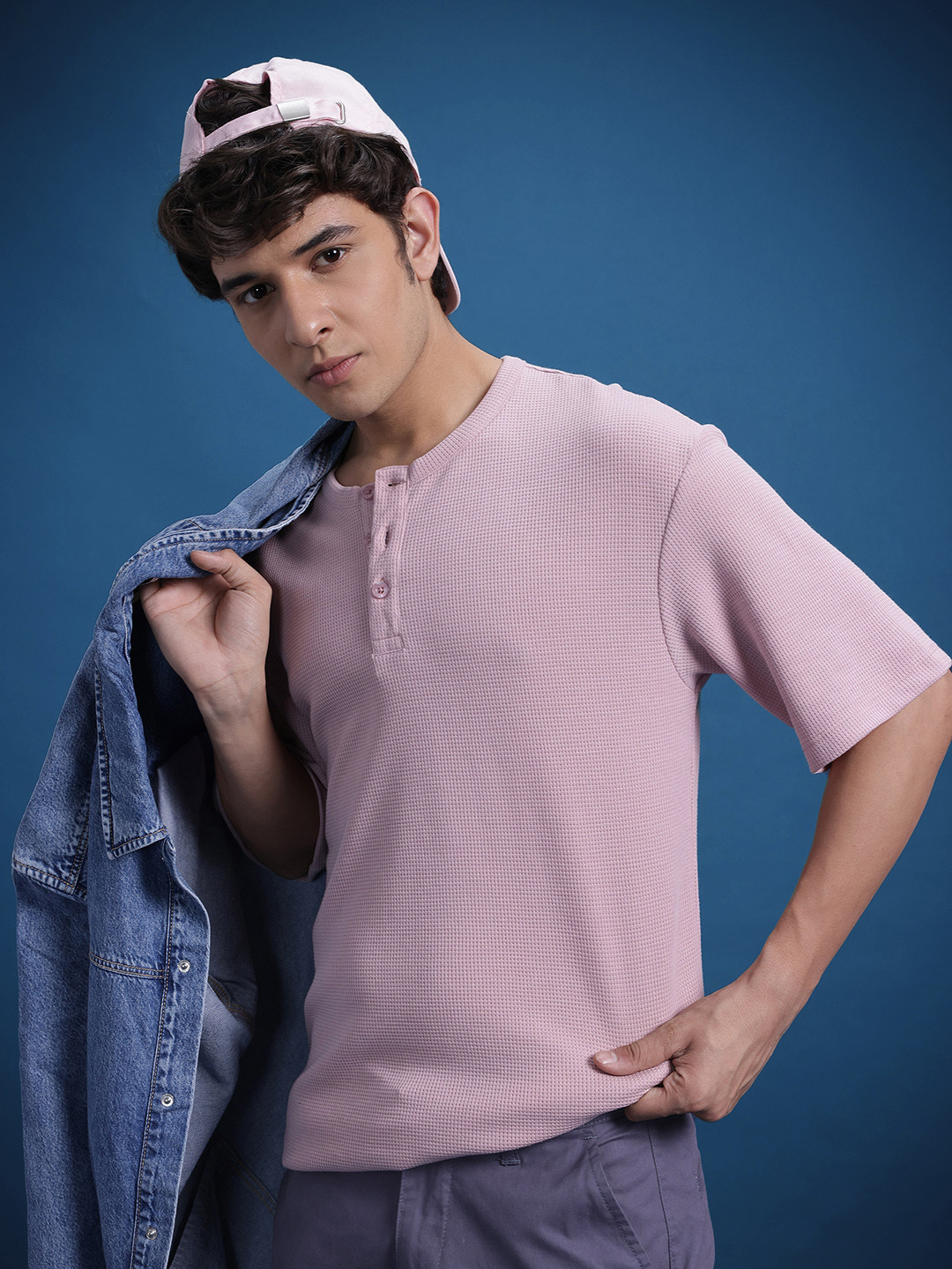 The Roadster Life Co. Men Henley Neck Waffle Knit Relaxed Fit T-shirt