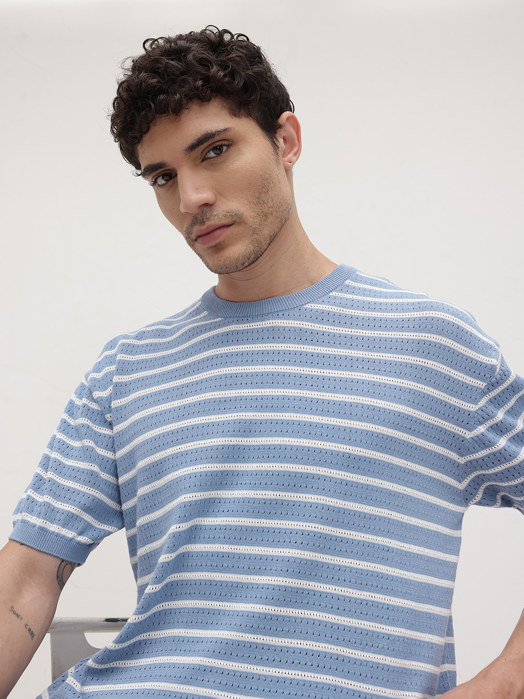 The Roadster Life Co. Striped Open Knit Pure Cotton T-shirt