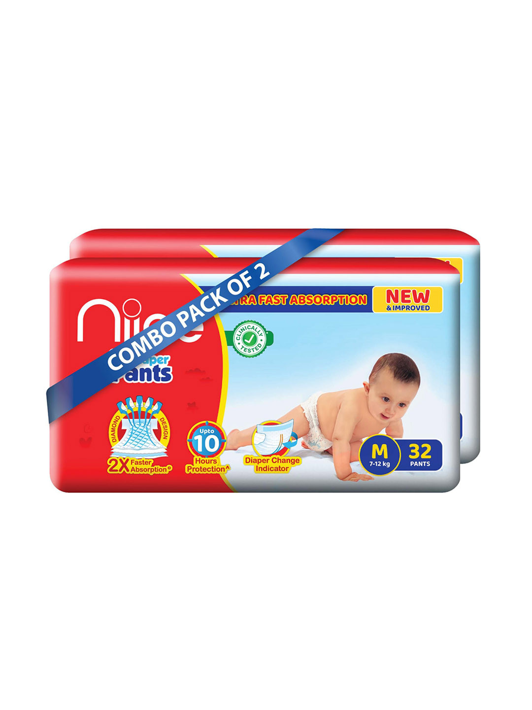 Niine Pack of 2 M Baby Diaper Pants Faster Absorption Changing Indicator 64 Pants