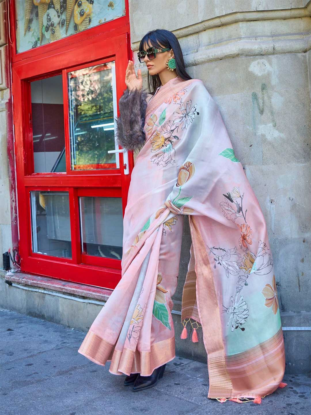 Odette Pink Satin Printed Saree With Unstitched Blouse For Women