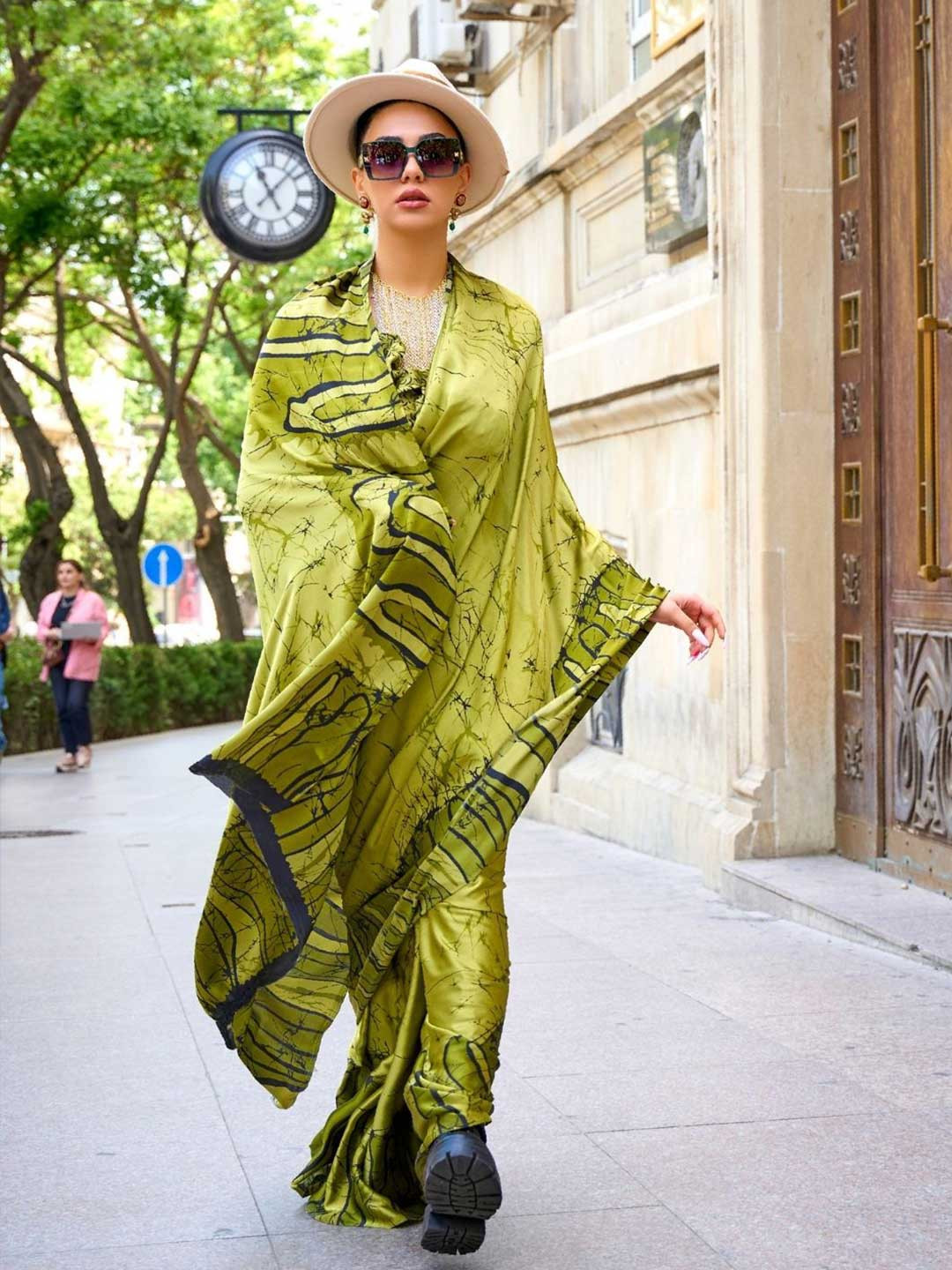 Odette Satin Printed Saree With Unstitched Blouse For Women