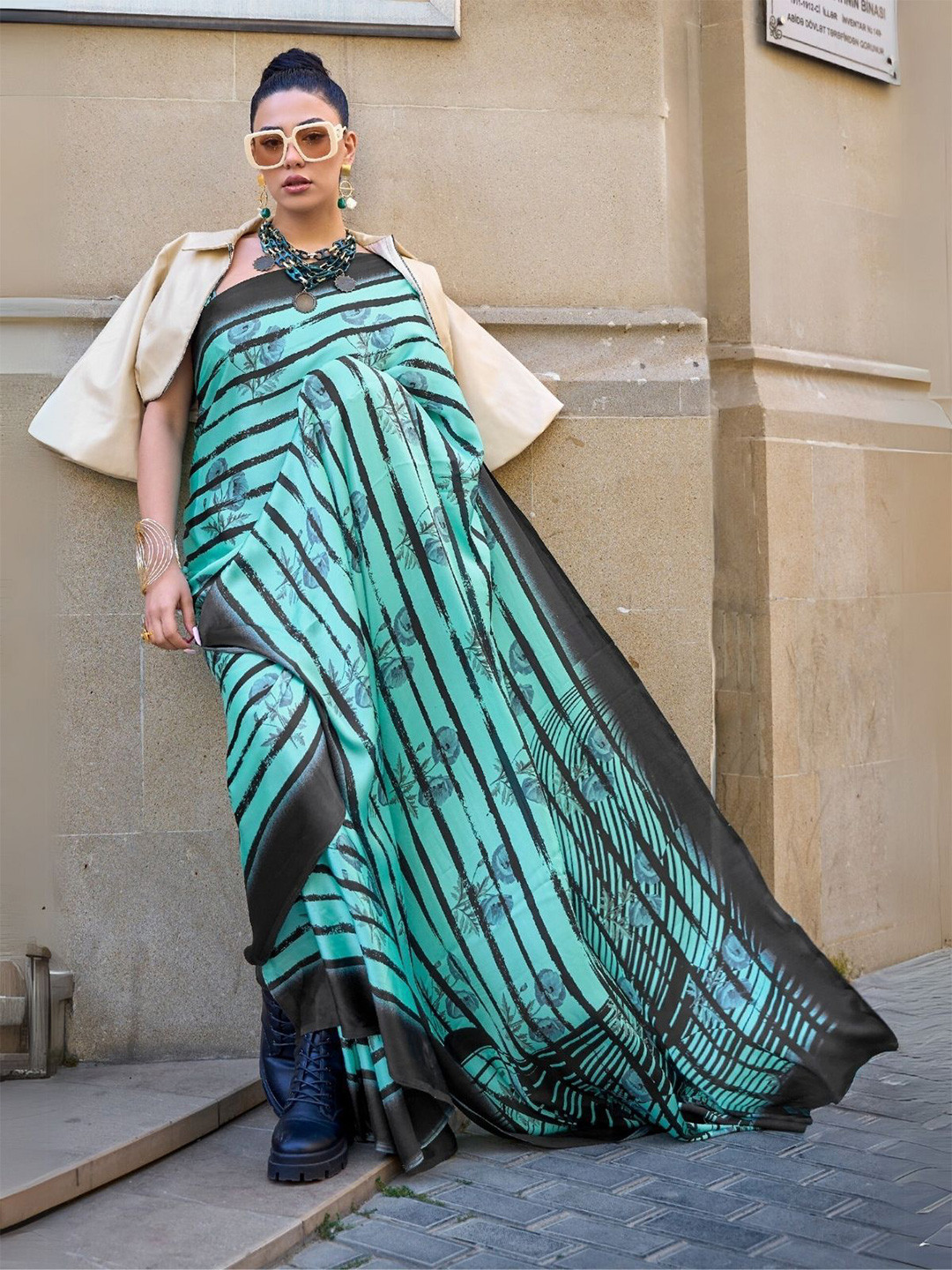 ODETTE Satin Printed Saree With Unstitched Blouse For Women