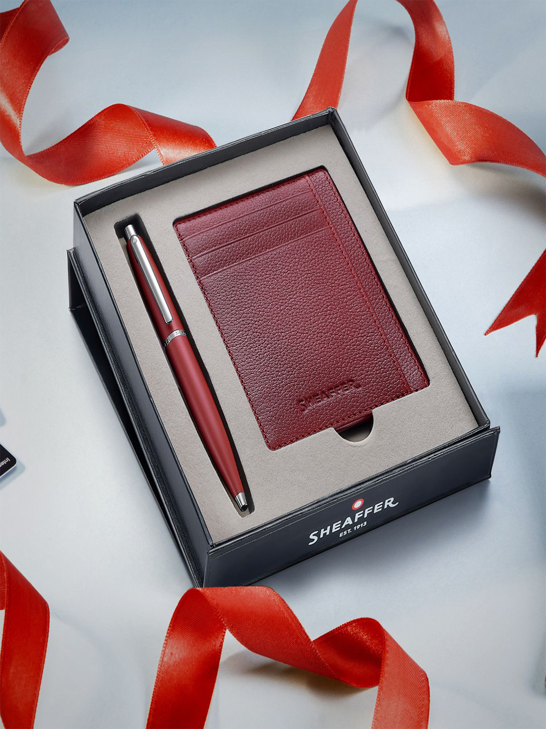 Sheaffer Red with Chrome Trim G9403 VFM Ballpoint Pen With Credit Card Holder Giftset
