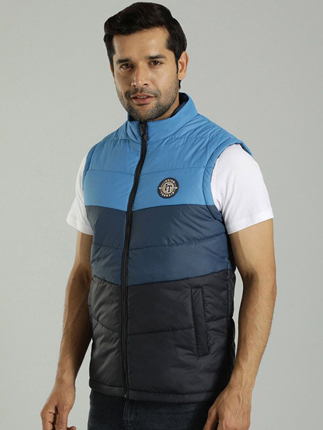 Indian Terrain Men Mock Collar Colourblocked Casual Insulator Gilet Jacket