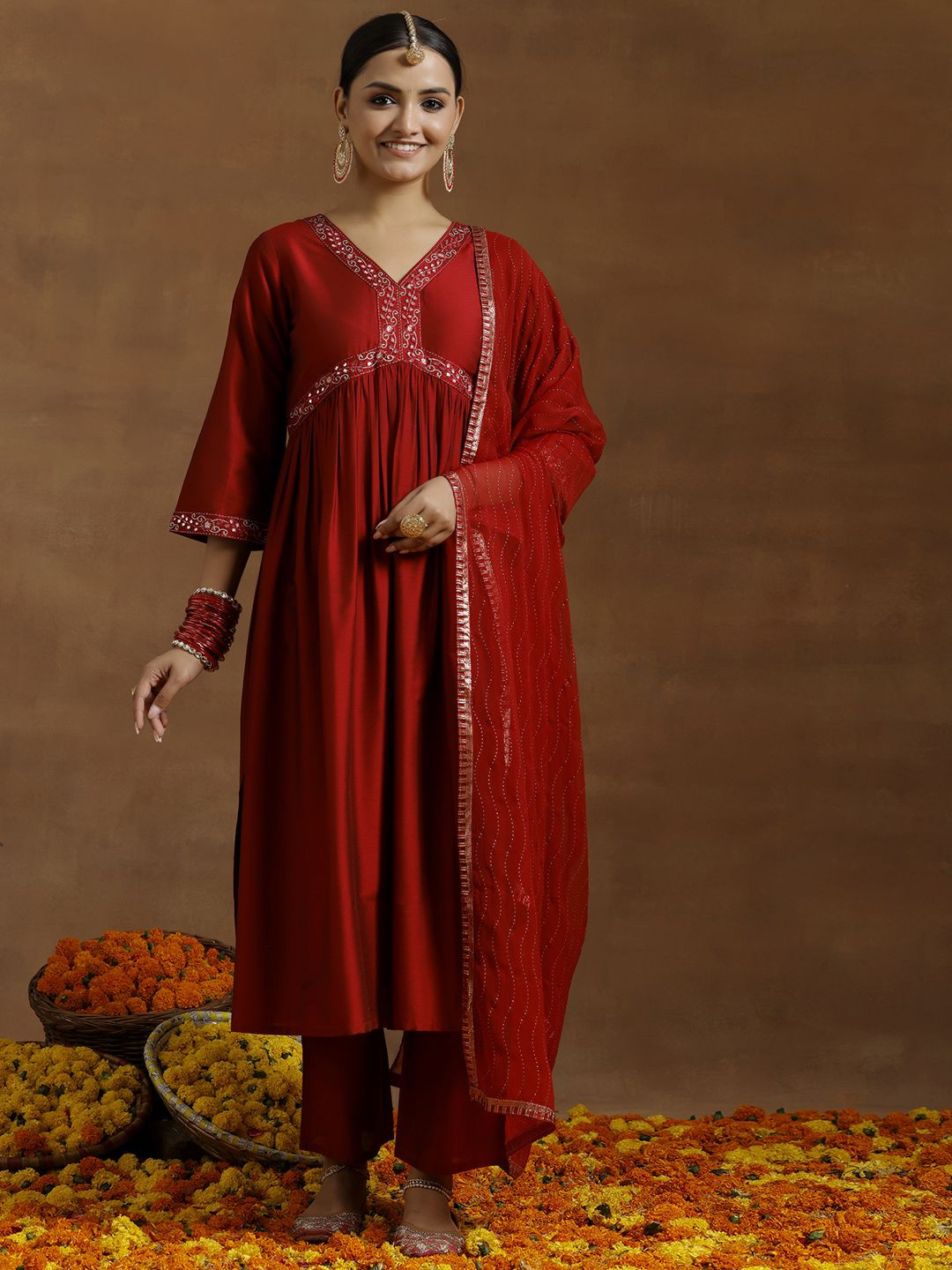 Gerua By Libas Women Embroidered Regular Mirror Work Kurta with Trousers & With Dupatta