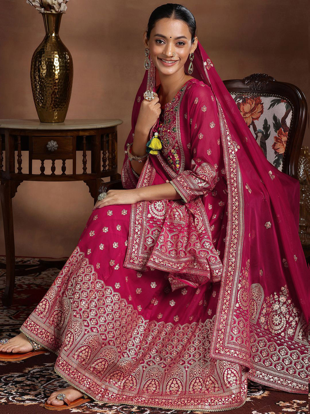 Libas Womens Pink Printed Organza Anarkali Kurta With Trousers & Dupatta