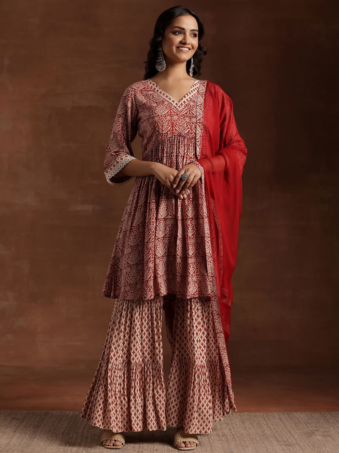 Libas Womens Red Printed Cotton A-Line Kurta With Sharara & Dupatta