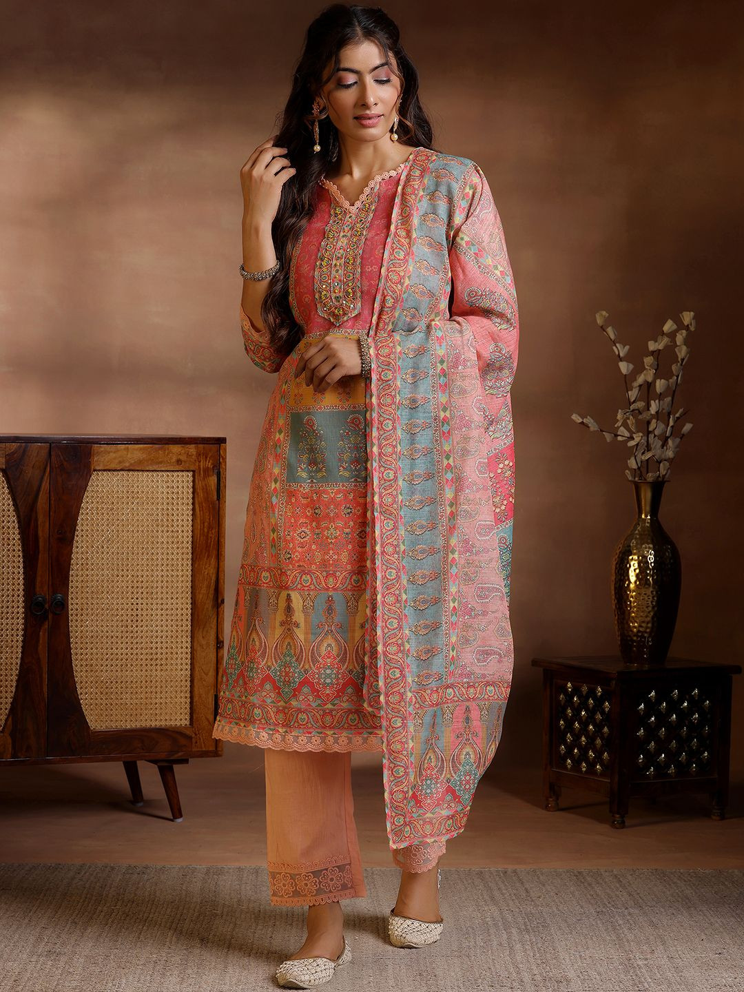 Gerua By Libas Women Ethnic Motifs Printed Regular Mirror Work Linen Kurta with Palazzos & With Dupatta