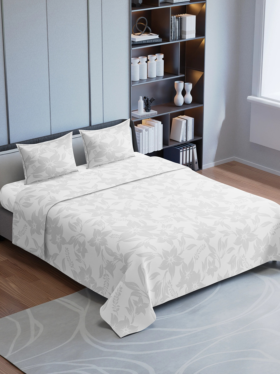 Synergized Cotton Jacquard Essence Off White Floral Cotton 300 TC King Fine Bedsheet with 2 Pillow Covers-96 x 66 inches