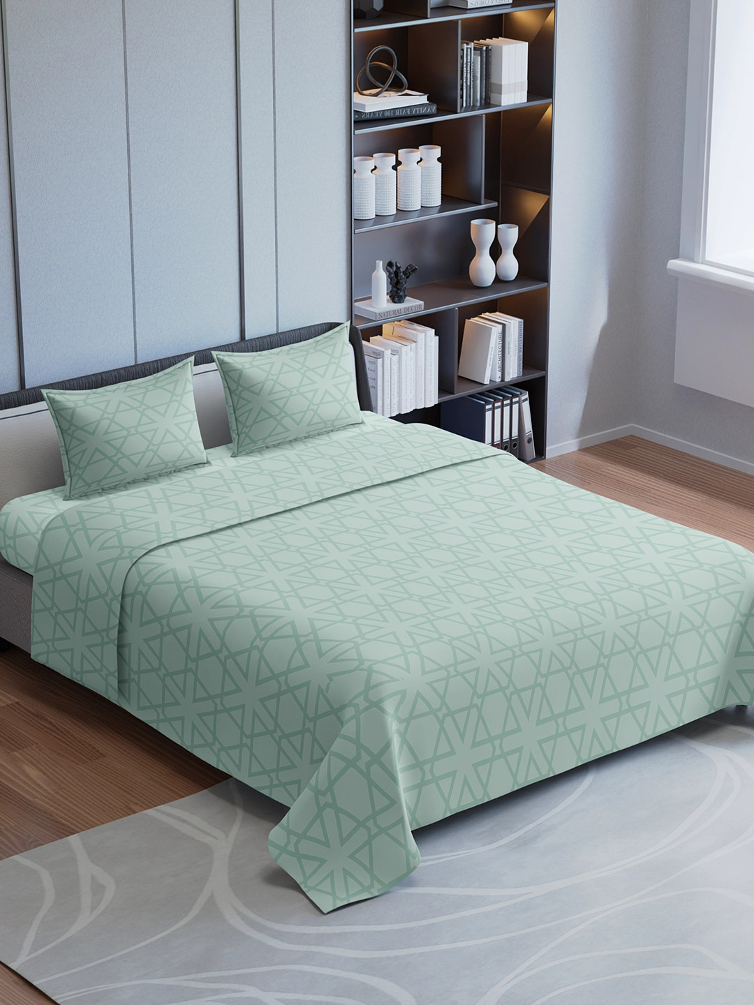 Synergized Cotton Jacquard Essence Green Geometric Cotton 300 TC King Fine Bedsheet with 2 Pillow Covers-108 x 108 inches